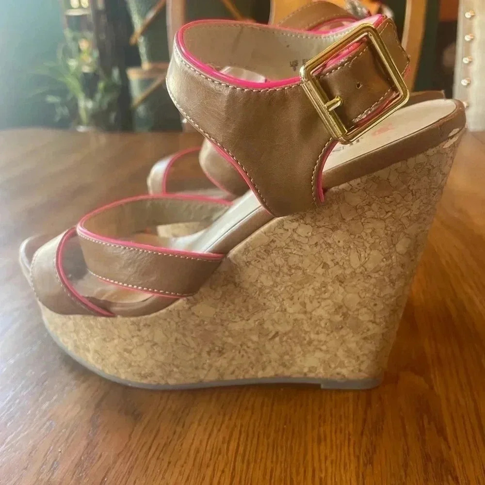 Just Fab cork wedges pink‎ and tan Size 9 GUC! Bin A